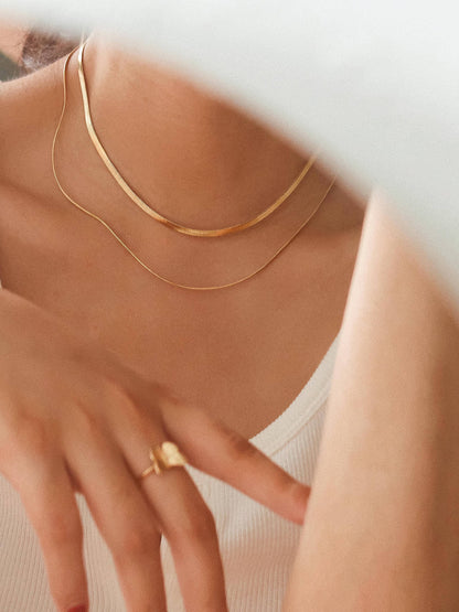 Jean 18K Gold Non-Tarnish Layered Flat Snake Chain Necklace: Yellow Gold